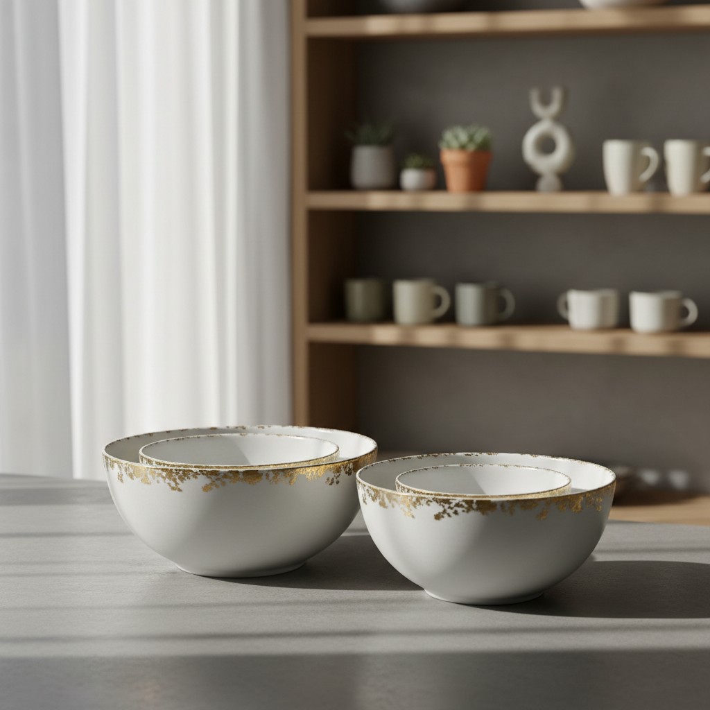 Two white and gold bowls on a table, with a wooden shelf featuring mugs and decorative objects in the background.