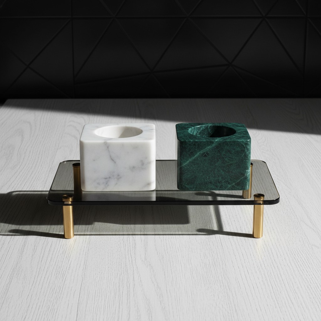 Two marble candle holders placed atop small, transparent glass or plexiglass tables with mid-century modern legs. The cand...